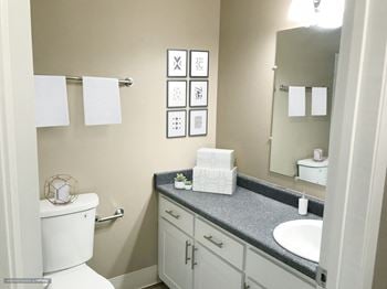 A bathroom with a toilet and a sink and a mirror